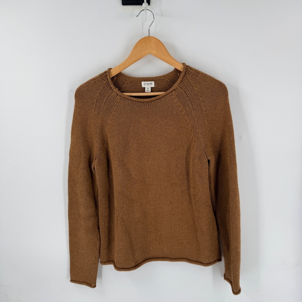 J. Crew Sweater Brown M Raglan Long Sleeve Knit 100% Cotton Roll Neck